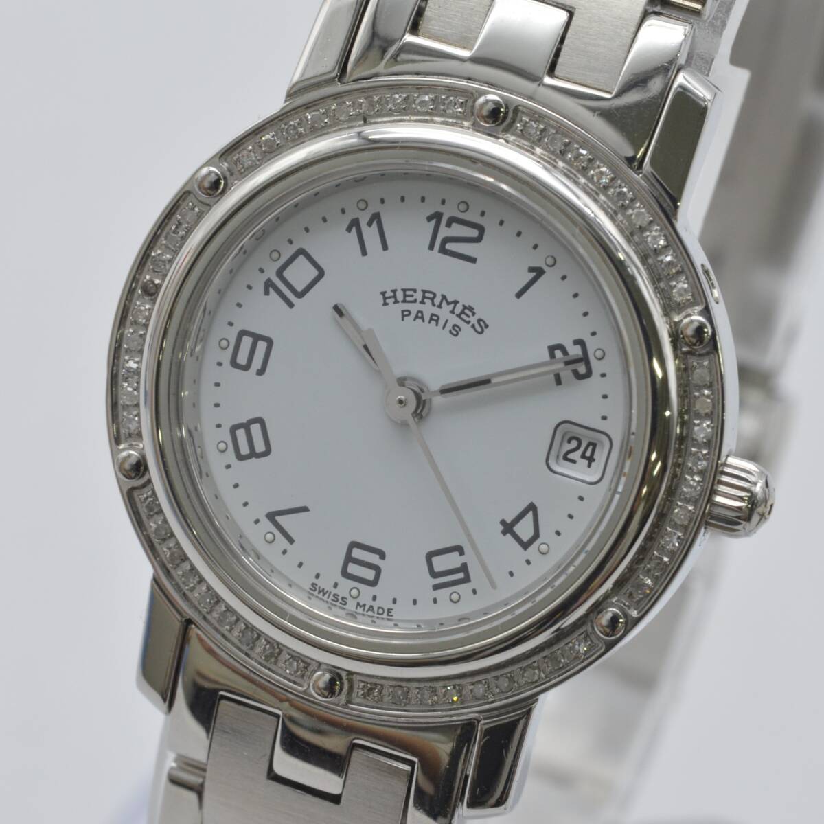 1円~　稼働　A82-1230938A　HERMES　エルメス　クリッパー　ステンレス/ブレスレット　デイト　レディース腕時計