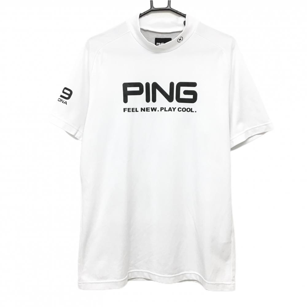 【美品】ピン 半袖ハイネックシャツ 白 ロゴ黒 ストレッチ メンズ 2XL ゴルフウェア 大きいサイズ PING