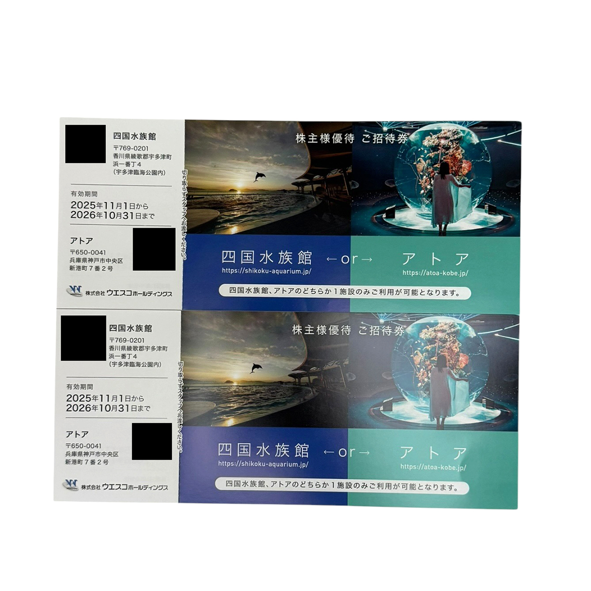 2枚セット 四国水族館　又は　アトア 無料入場券　ウエスコホールディングス株主優待