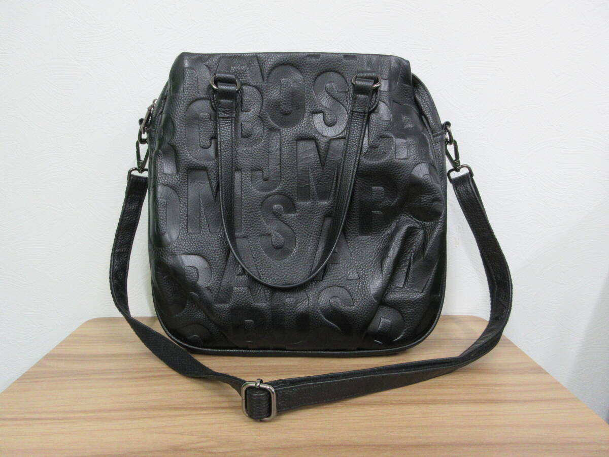 ☆レディース 2WAY バッグ レザー トート ショルダー ブラック/黒 ロゴ 型押し 中古 美品☆