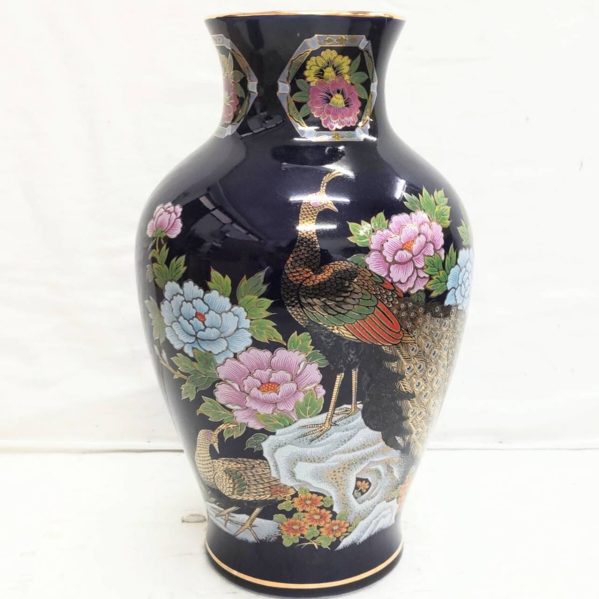 九谷焼 明陶 瑠璃 孔雀 花器 花瓶 花入 壺！