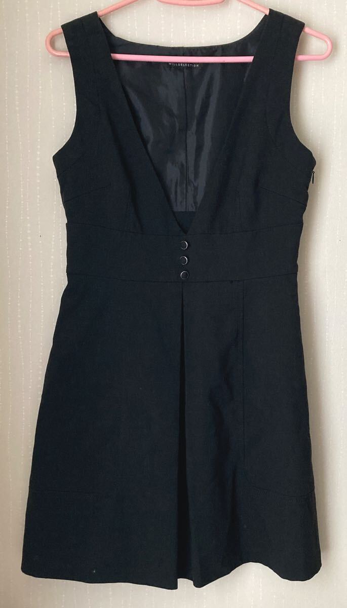 ウィルセレクション WILLSELECTION ジャンパースカート ジャンスカ ミニ 膝上 黒 ブラック Vネック ノースリーブ Aライン Sサイズ 