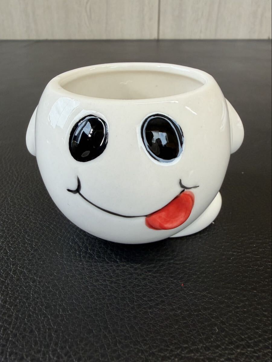 中古品☆ミシュランマン風 陶器製 小物入れ ボウル ホワイト ビバンダム スマイル 舌だし 鉢植え インテリア 雑貨
