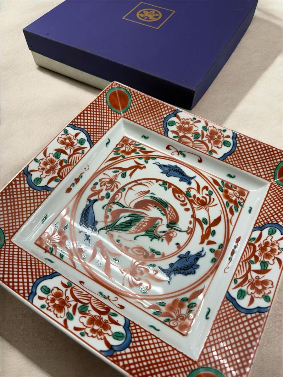 たち吉 赤絵鳳凰文 角皿 盛皿 飾皿 共箱付 約26cm ②