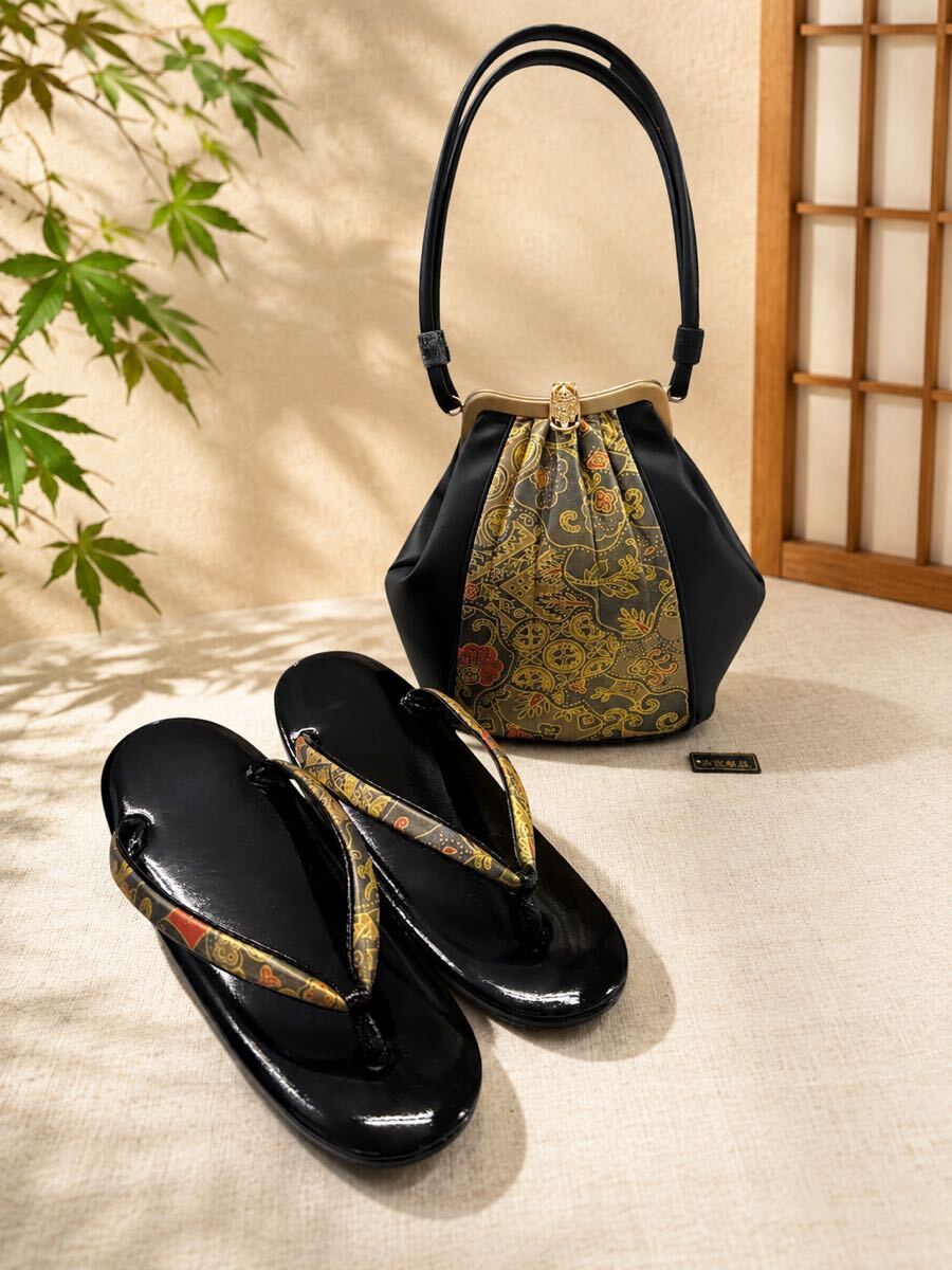 和装 草履 ハンドバッグ セット 本革製品 和装小物 がま口バッグ ブラック×和柄 ゴールド