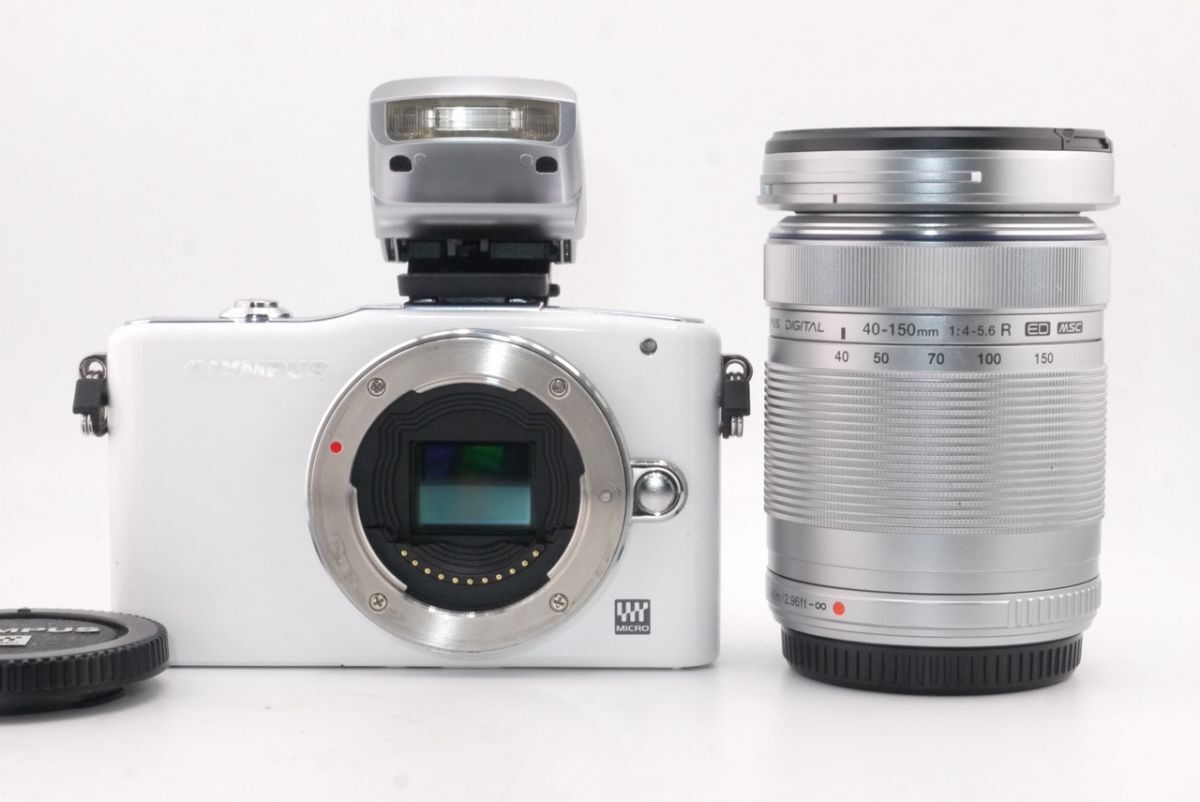 ★良品★オリンパス OLYMPUS PEN Mini E-PM1 ホワイト ＋ M.ZUIKO DIGITAL 40-150mm F4-5.6 R ED ＋ 4FS1 フラッシュ #2629 #0066
