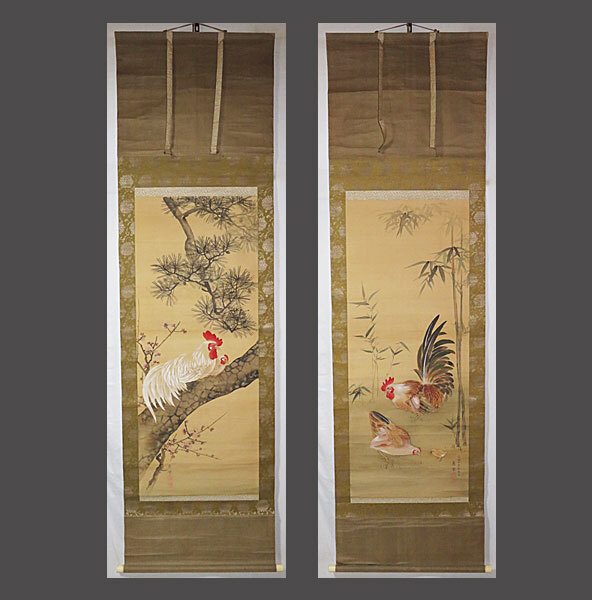 【adva】【真作】■円山応挙■鶏之図双幅■円山派祖■肉筆■掛軸■掛け軸■日本画■