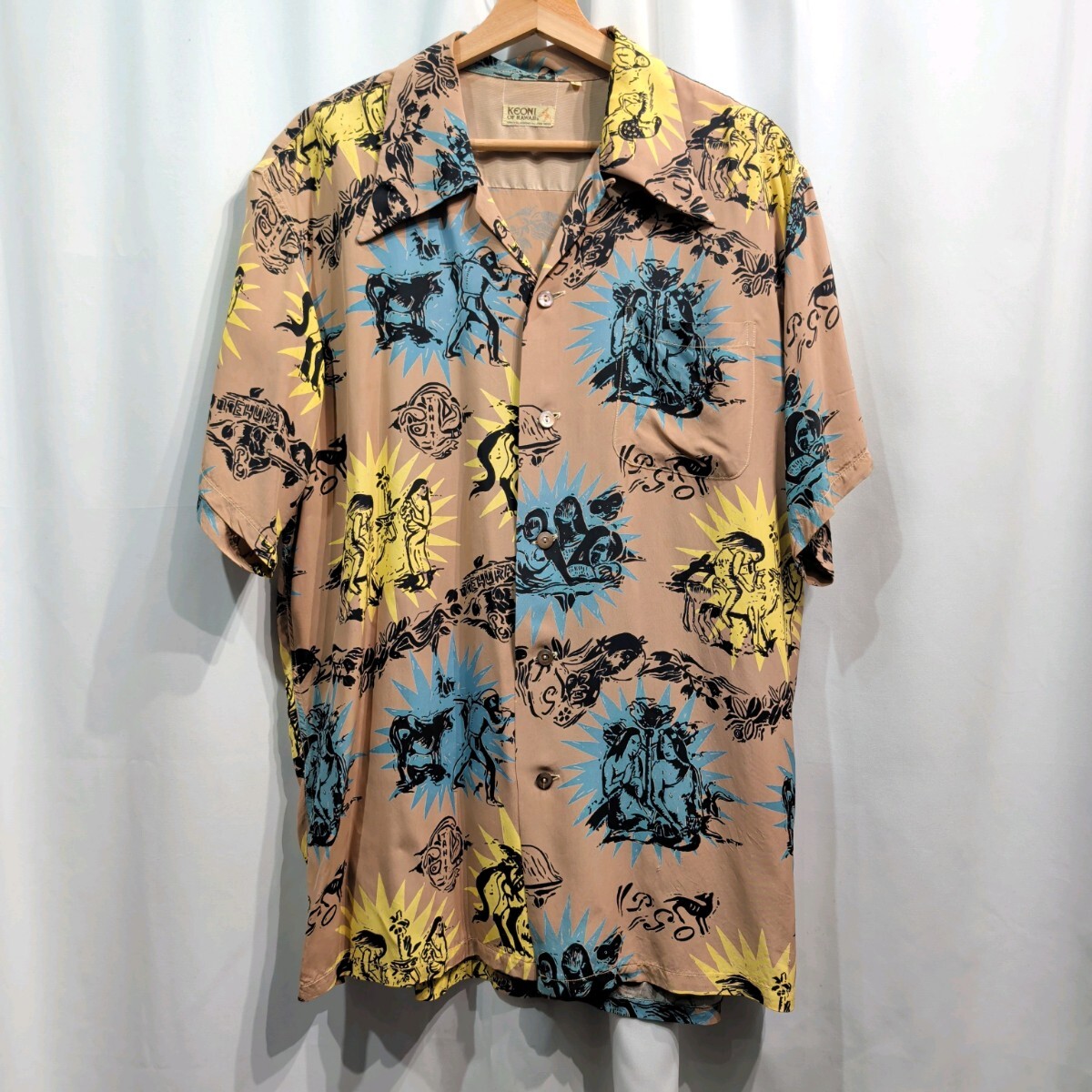希少【size:L】東洋 ケオニオブハワイ M32913 ゴーギャンウッドカット III アロハシャツ ハワイアンシャツ レーヨン 半袖シャツ サンサーフ