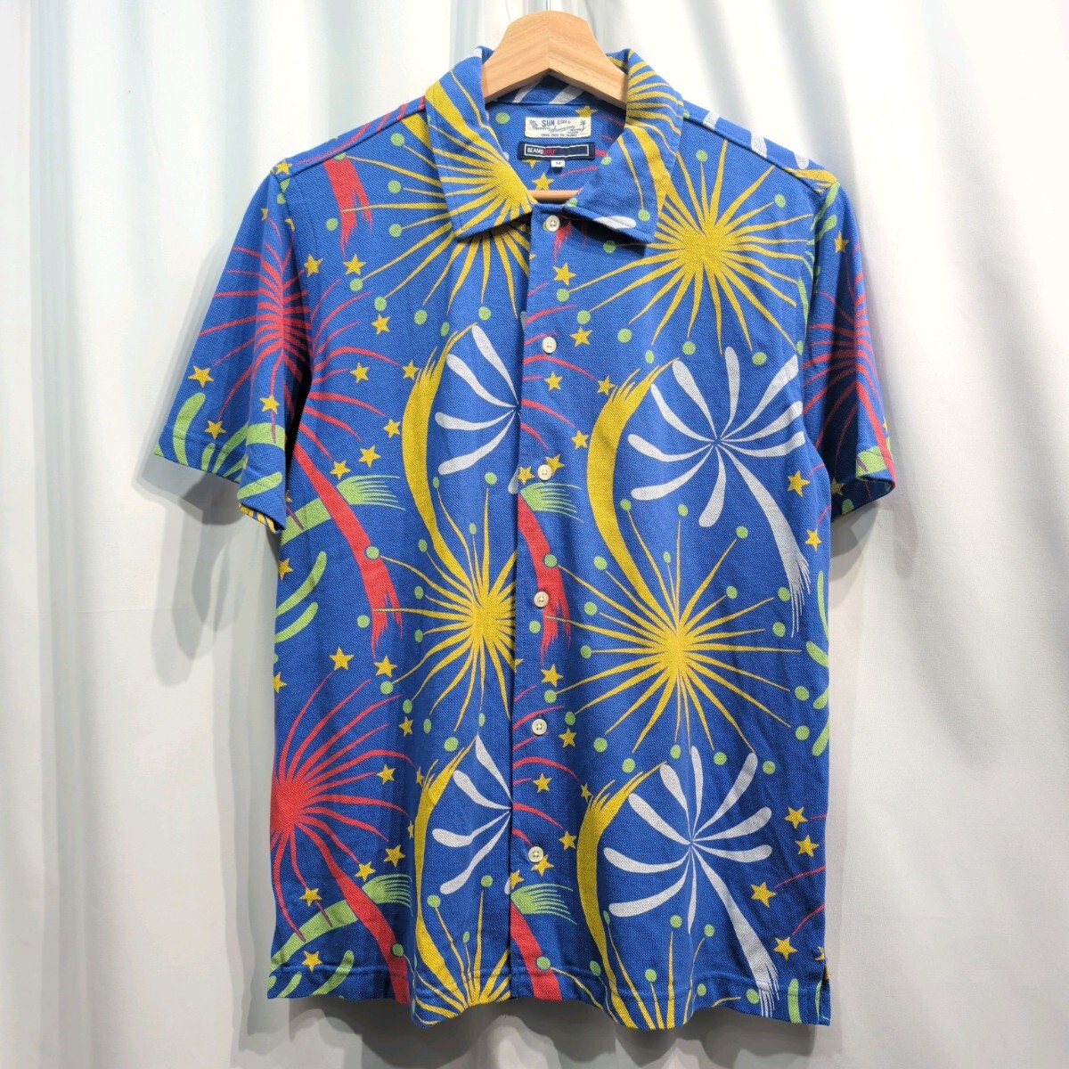 別注 東洋 SUN SURF×BEAMS GOLF サンサーフ ビームスゴルフ 鹿の子 ポロシャツ M メンズ 半袖シャツ アロハシャツ ハワイアンシャツ 花火