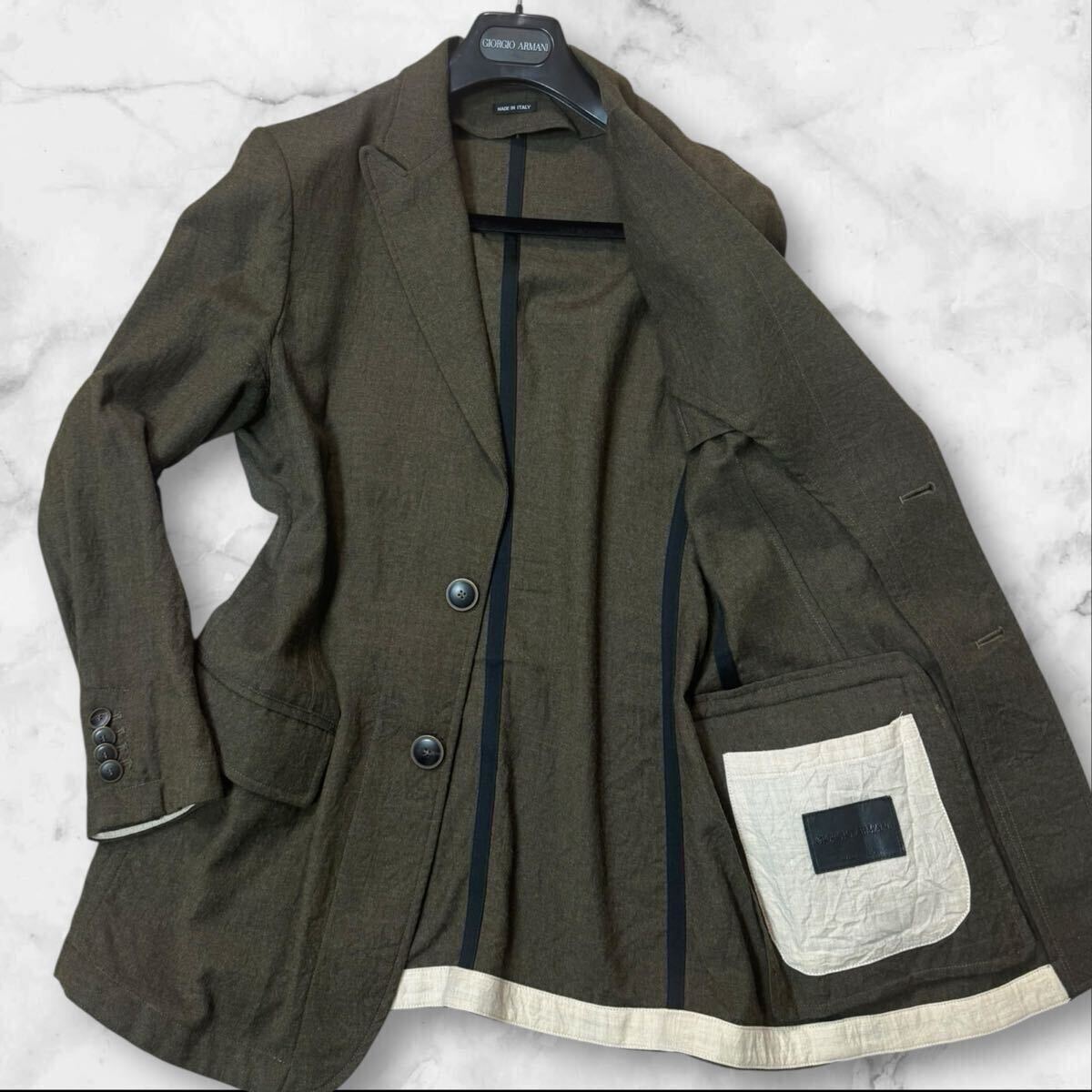 TT03 イタリア紳士の風格【GIORGIO ARMANI/ジョルジオアルマーニ】テーラードジャケット 最高級レザー黒タグ ダークグリーン 48=L位