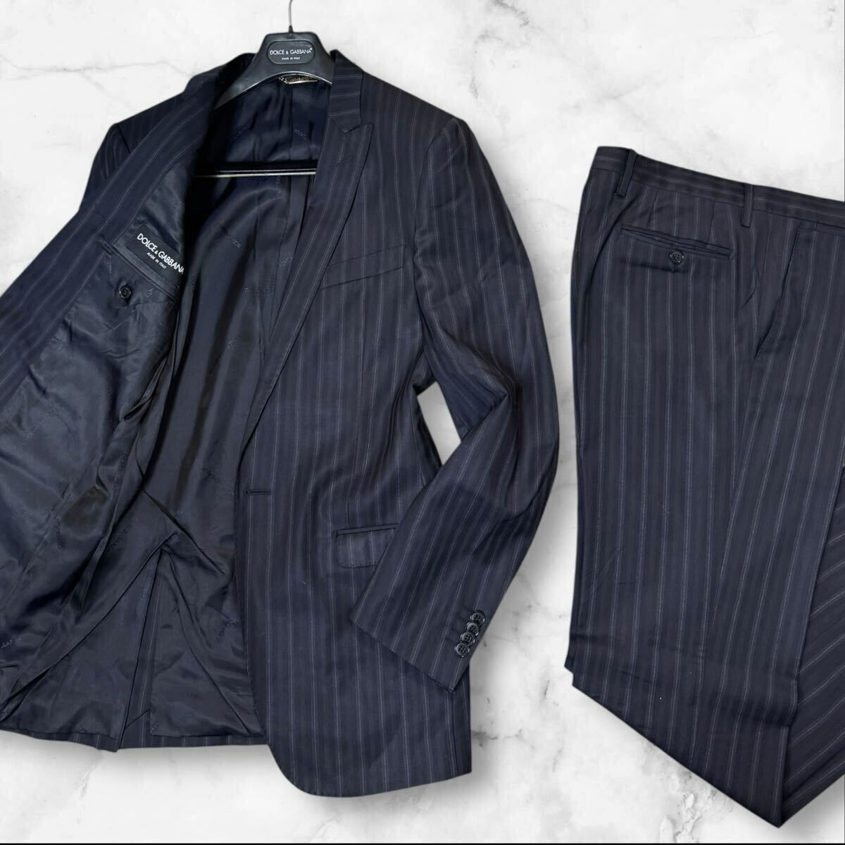 TT21 正規品 最高級 ドルチェ＆ガッバーナ DOLCE&GABBANA ウール100% 光沢感◎セットアップ スーツ ネイビー ストライプ 48 L位 