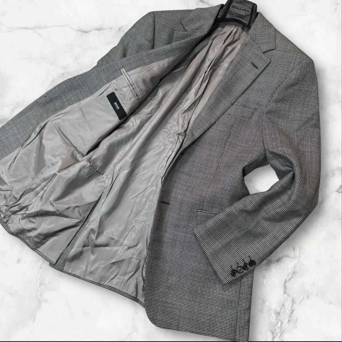 GX18 最高級【定価7万超】HUGO BOSS ヒューゴボス 2B 極上シルク!!テーラードジャケット 46(M相当) メンズ ウール 総柄 グレー メンズ