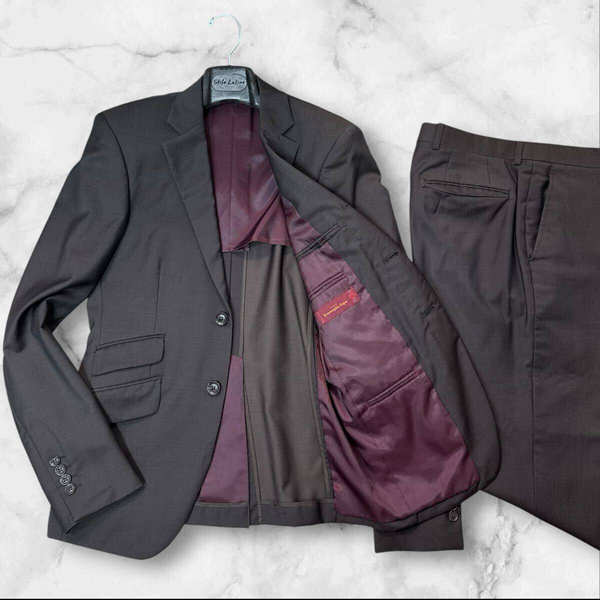 PX05 エルメネジルドゼニア【最高級の逸品】Zegna ウール100% 光沢感◎ スーツ セットアップ ダークブラウン 無地 M位 
