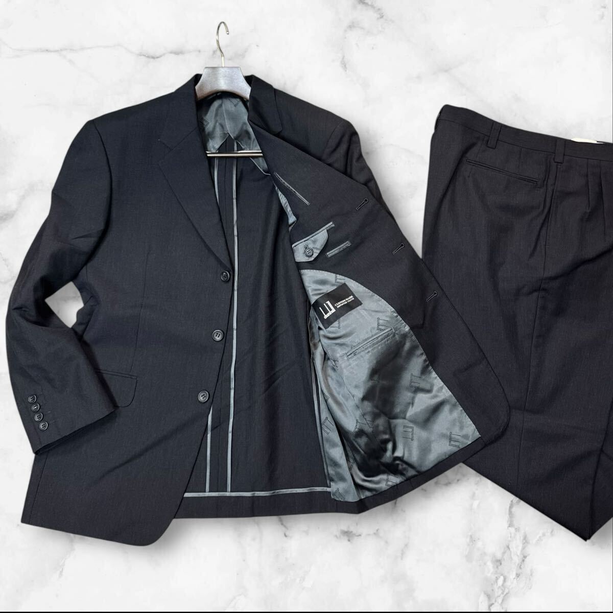 PX13 美品!!希少XXL!!【アルフレッドダンヒル/dunhill】スーツ セットアップ ウール100% メンズ 2B 背抜き ダークグレー系 無地 ビジネス