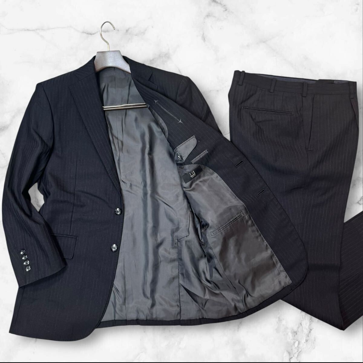 PX15 美品 XXL相当!!【アルフレッドダンヒル/dunhill 】 スーツ セットアップ ウール100% メンズ 総裏地 ダークグレー系 ストライプ