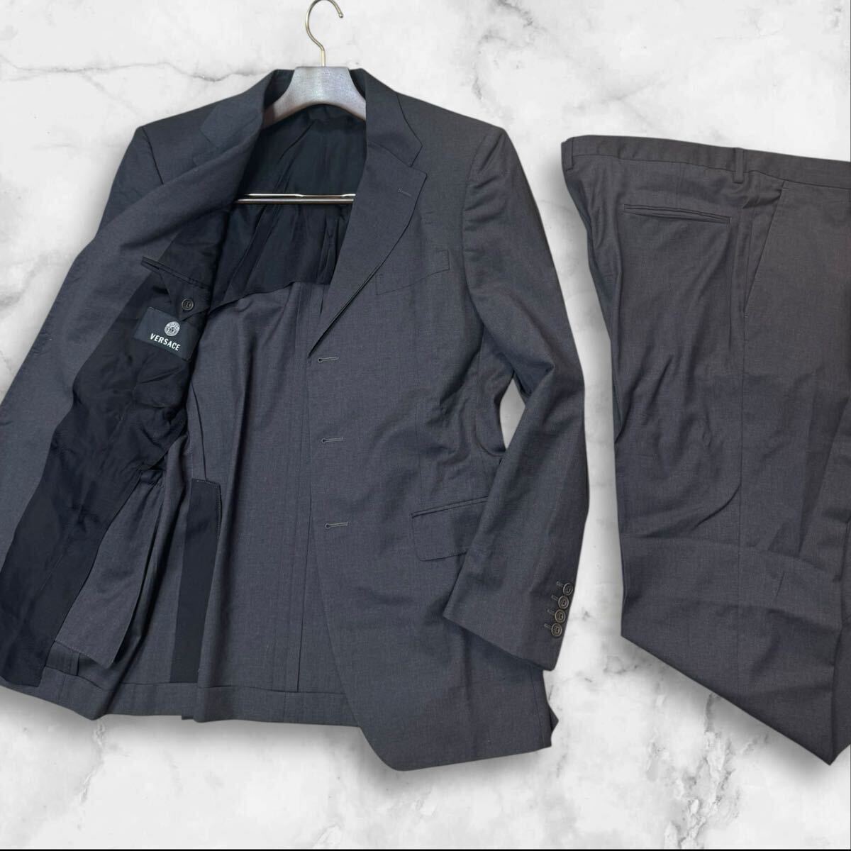 PX17 VERSACE『圧巻の上質仕立て』ヴェルサーチ◇定価40万相当 セットアップ スーツ グレー ストライプ 50R XL 裏地シャドーメデューサ