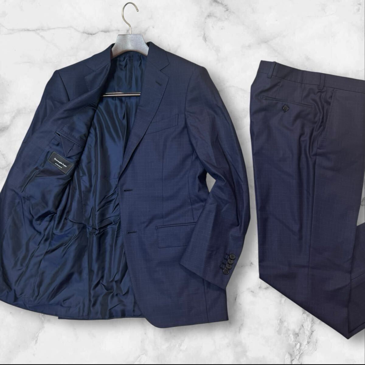PX18 最高峰!!頂点!!定価90万!!【Zegna/エルメネジルドゼニア】15MILMIL15 MILA 光沢感◎ ウール100% ストライプ　スーツ ネイビー 7-44C