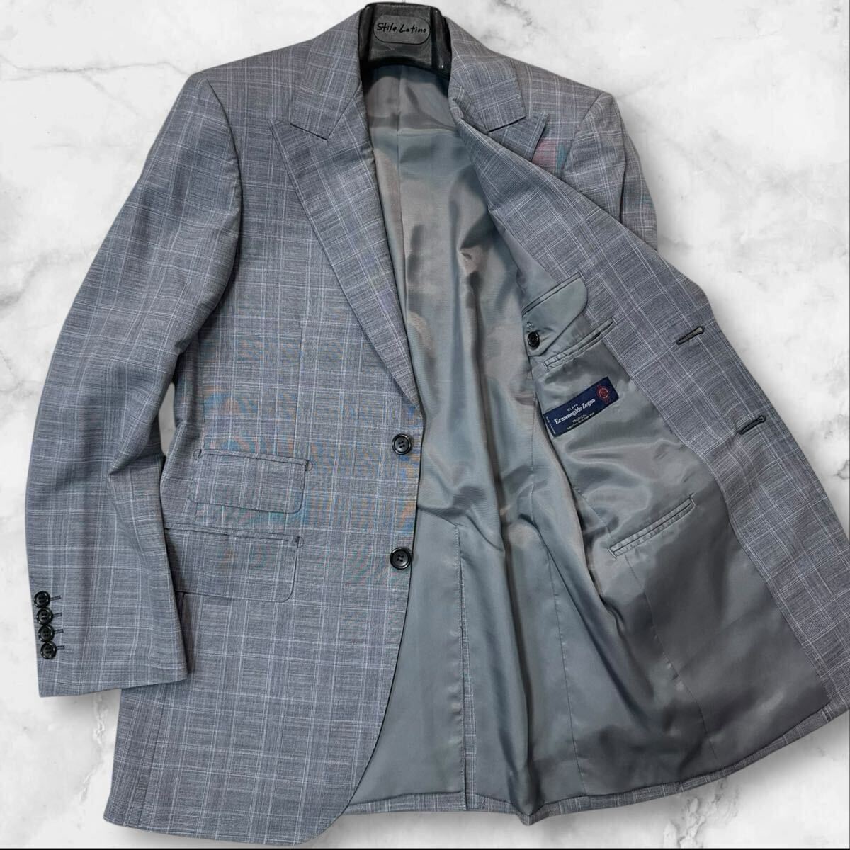PX21 美麗◎Lサイズ位!!エルメネジルドゼニア【紳士の佇まい】Ermenegildo Zegna トロピカル チェック ジャケット グレー◎メンズ オシャレ