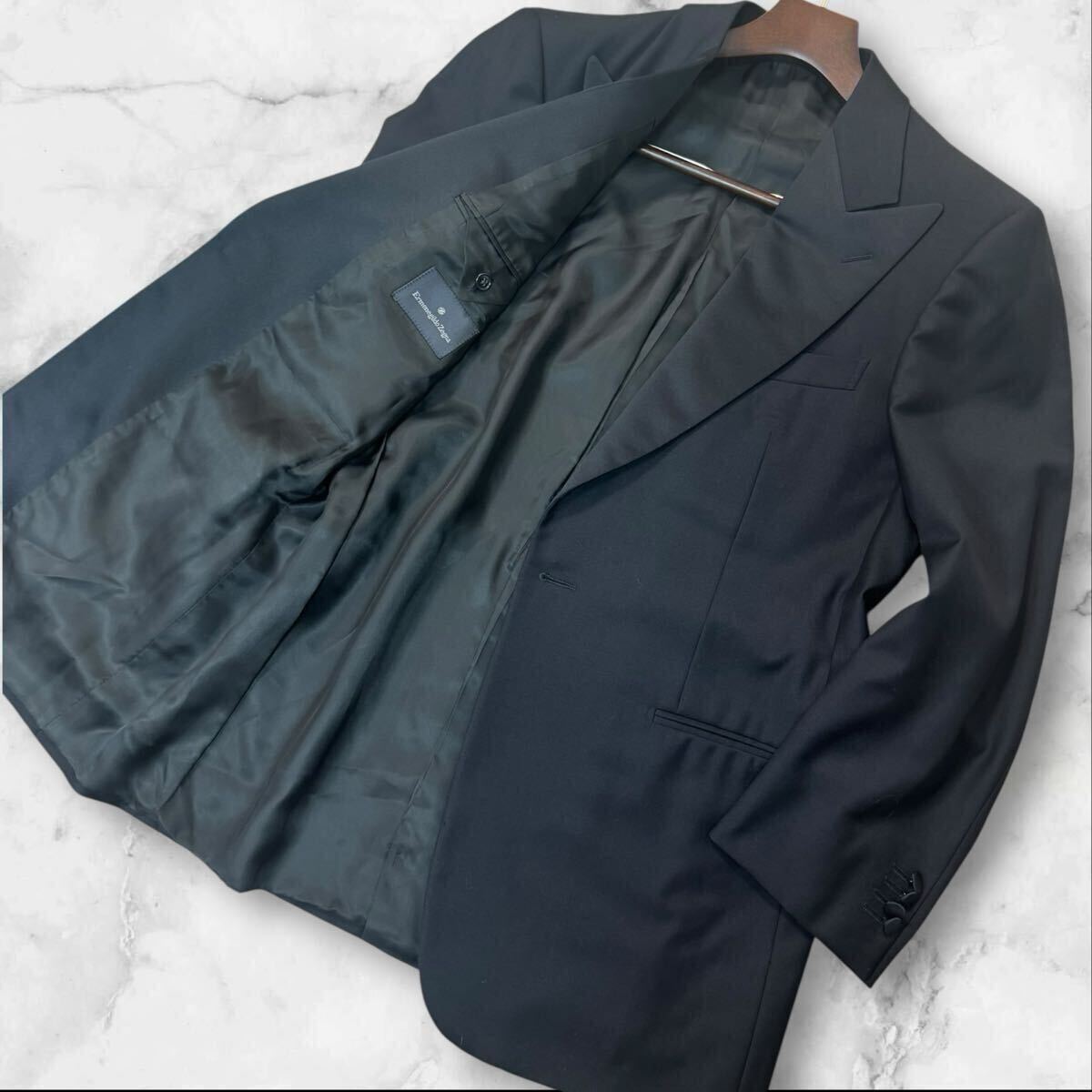 PX25 超美品★Ermenegildo Zegna/ゼニア ブラック黒 ピークドラペル 1ボタン　タキシードジャケット 着心地良い高級黒ジャケット50 L/LL