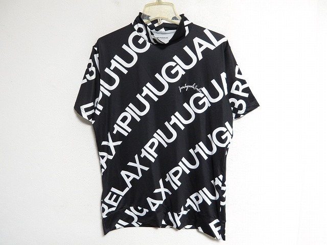 N10083:1PIU1UGUALE3 RELAX（ウノピゥウノウグァーレトレ）ロゴデザインストレッチハイネックTシャツ/黒/L:36