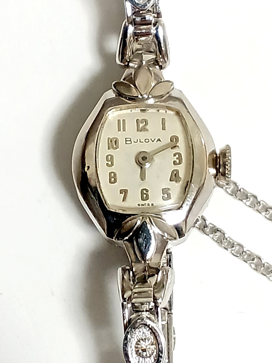 【稼働】10K 金張り RGP ゴールド BULOVA ブローバ 手巻き 腕時計 WGP 白金張り ホワイトゴールドプレーテッドベルト 