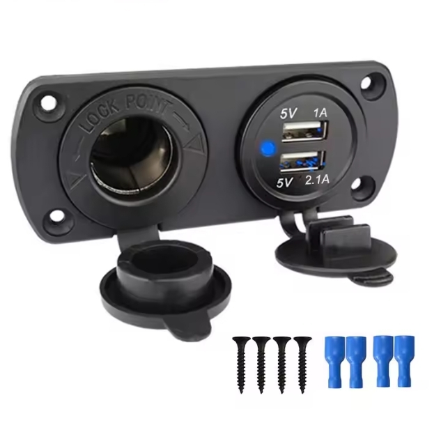【新品】　埋め込みソケット　シガーソケット＋デュアルUSB　２連　★　車　ボート　等々　12V　24V　電源取り出し　トランク　リア　