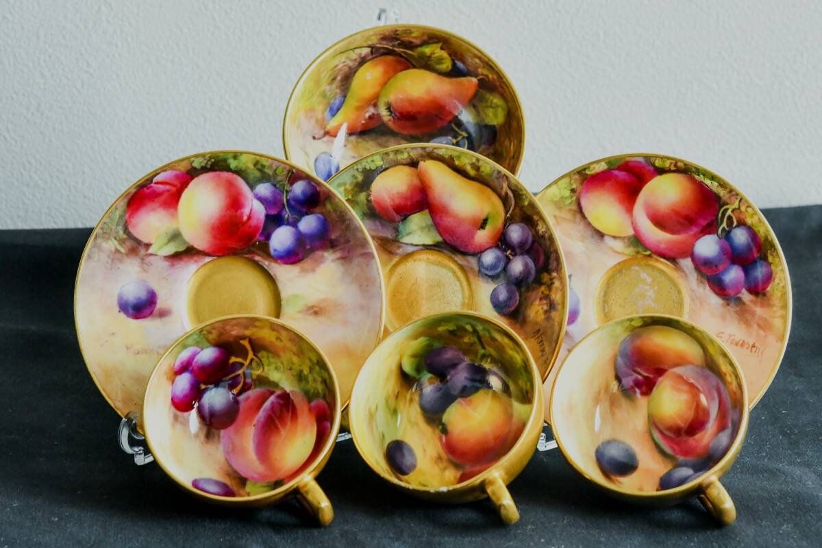 ★限定1セット 『Royal Worcester Hand Painted Fruits カップ＆ソーサー3客 ボウル サイン入 金彩』ロイヤルウースター ペインテッド 