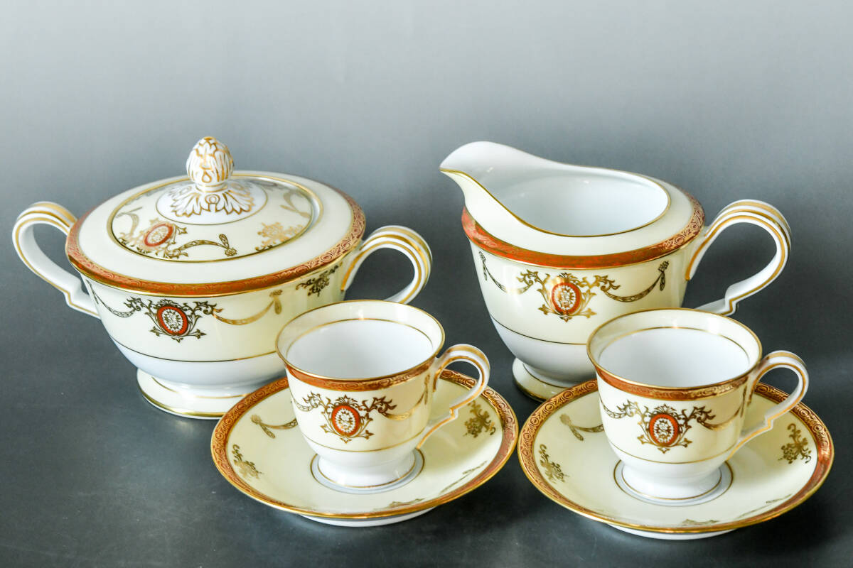 ★限定１セット 『ノリタケ レインボー デミタスカップ ソーサー シュガーポット クリーマー』Old Noritake Rainbow 3982 Footed Gold Red