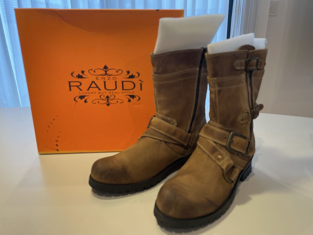 新品 未使用 RAUDI ラウディ 本革 レザー エンジニアブーツ 42 ベージュ スエード サイドジップ ダブルベルト ミドル丈 メンズ 靴 箱付