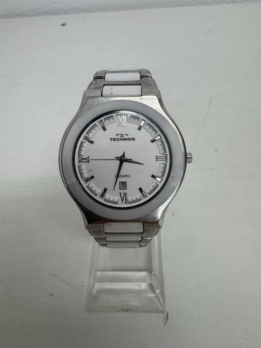 ●売り切り TECHNOS CERAMIC テクノス セラミック T9316 クォーツ 腕時計 ホワイト文字盤 デイト #TECHNOS #テクノス #腕時計　現状品
