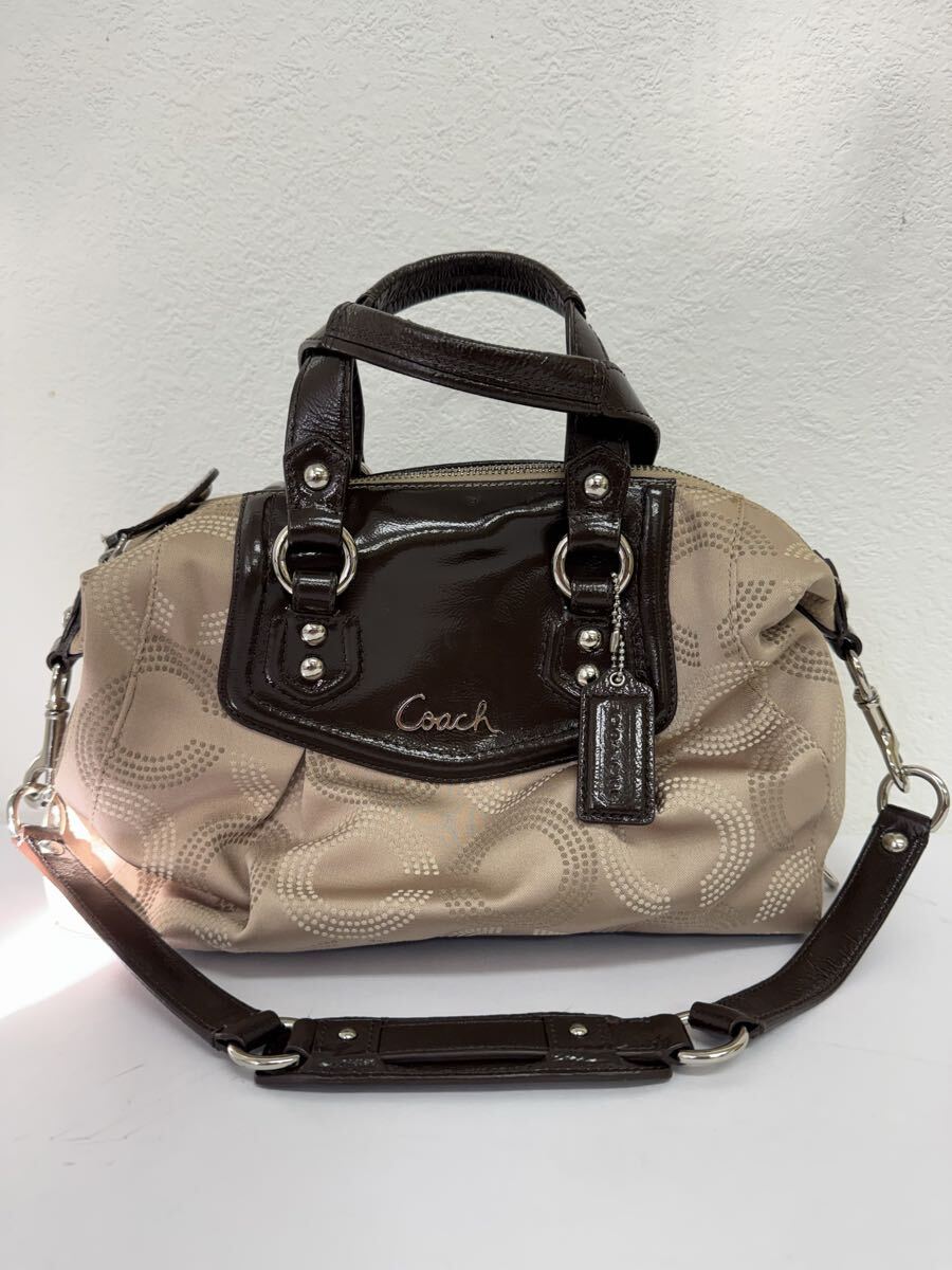 ●売り切り　コーチ COACH アシュレイ 2WAY バッグ F20027 ドット柄 キャンバス×レザー ベージュ系 シルバー金具 ロゴプレート　現状品