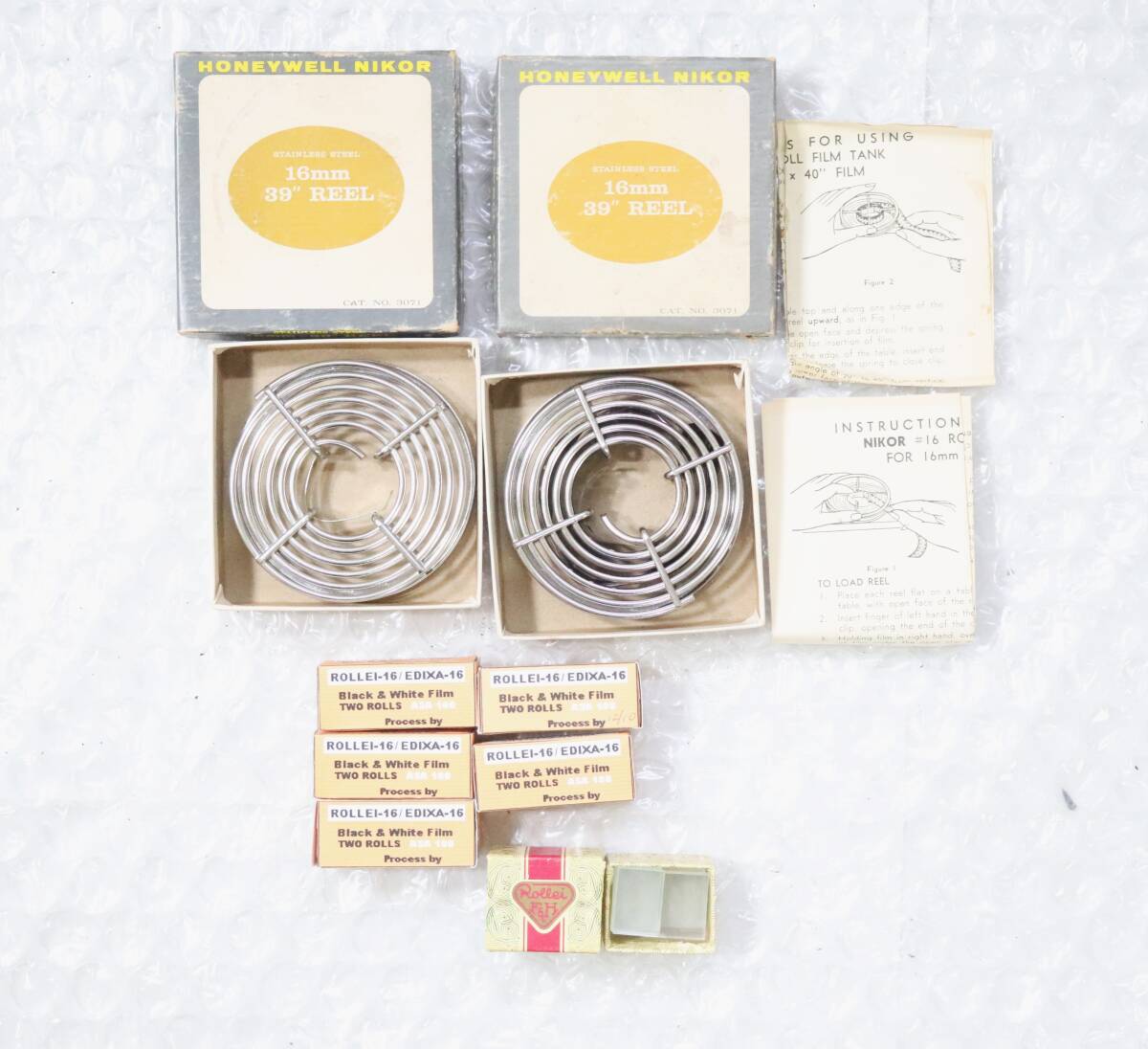 【超希少】HONEYWELL NIKOR 16mm ステンレス現像リール×2 +Rollei-16 モノクロフィルム×9本セット 希少元箱付 アンティーク ヴィンテージ