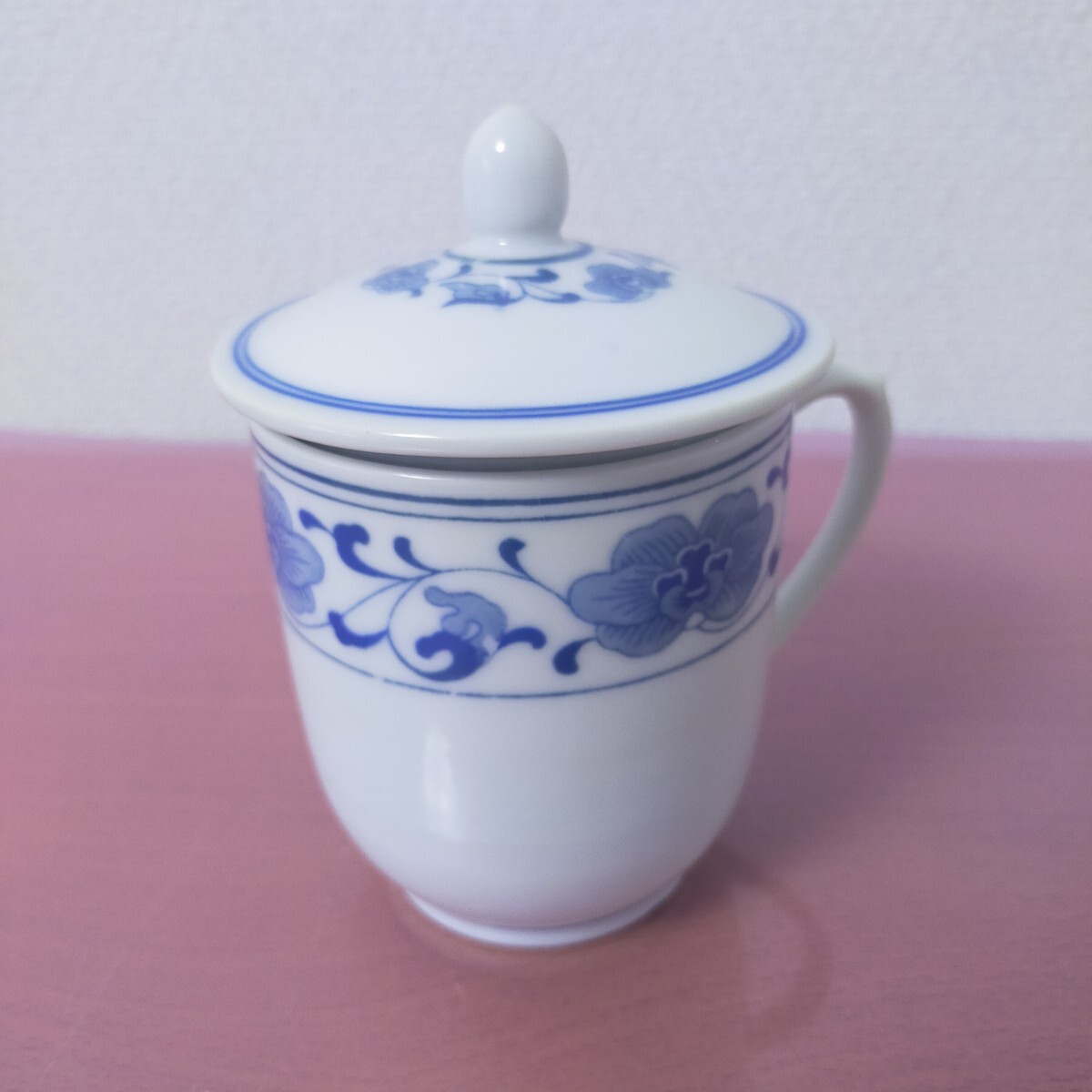 ★USED品★ 中国 景徳鎮 蓋付き マグカップ 染付 青花 陶器 