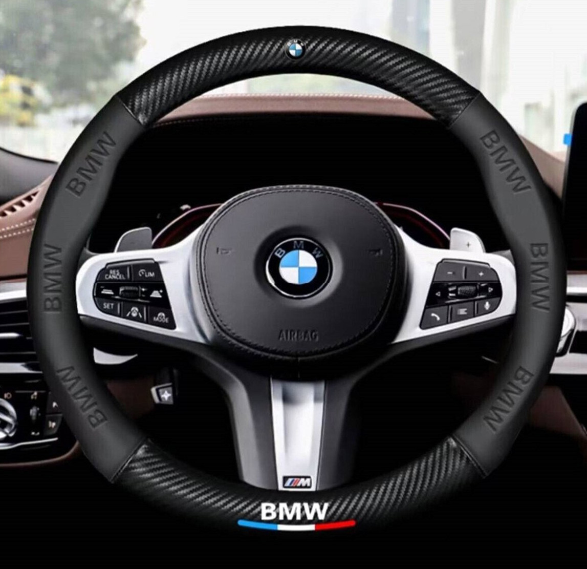  BMW専用 ハンドルカバー ステアリングカバー 円型 本革 ブラック カーボン調 ◆超特上即納◆