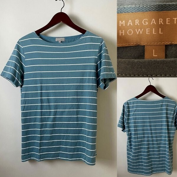 【名作 国内正規品】日本製 MARGARET HOWELL マーガレットハウエル コットン リネン ボートネック ボーダー カットソー Tシャツ 半袖 L