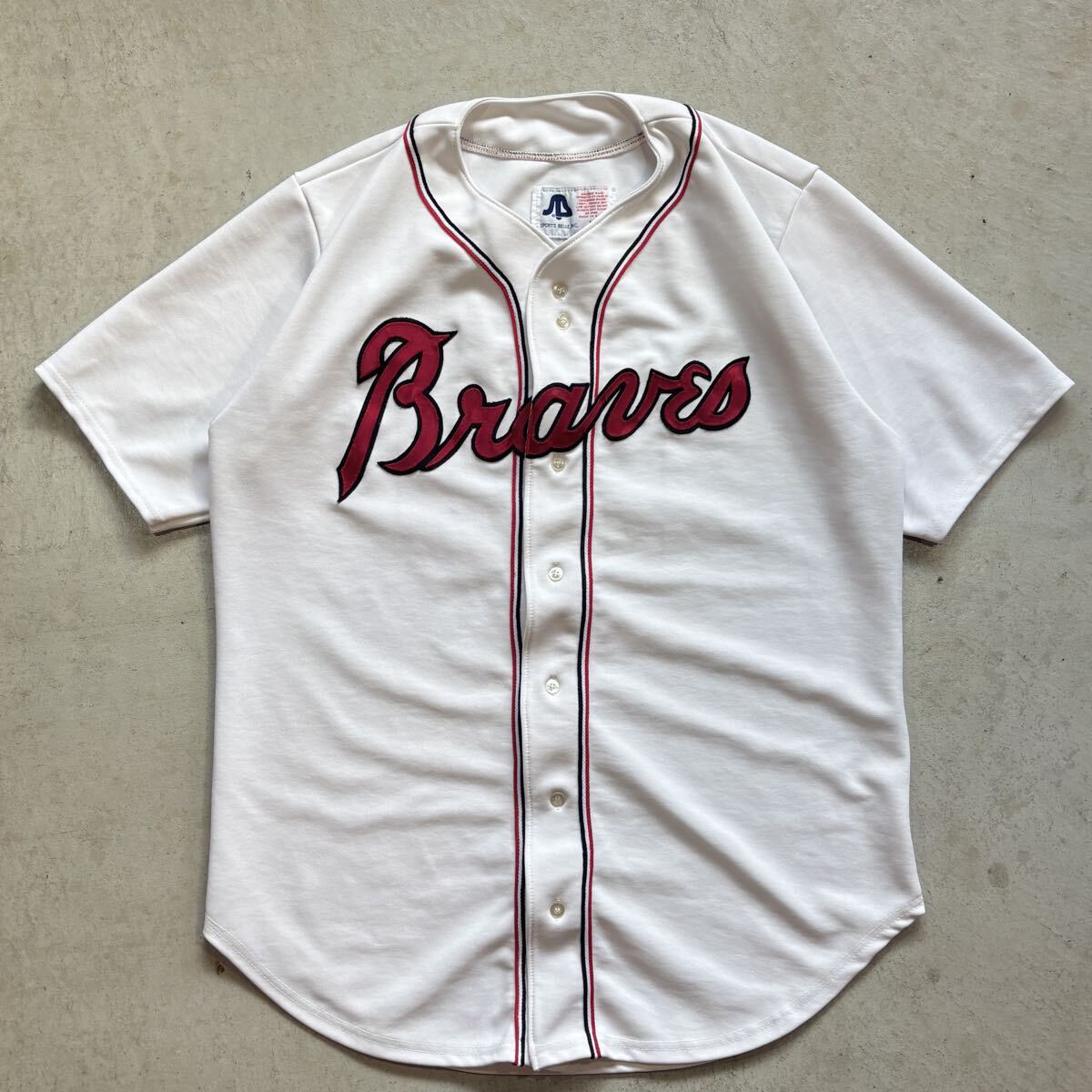 【USA製】80s 90s SPORTS BELLE MLB ブレーブス チッパージョーンズ ゲームシャツ ユニフォーム 白/WHITE メンズ L VINTAGE アメリカ製