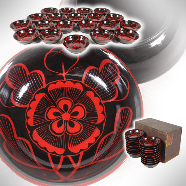 ●c277●【吉野絵木皿19客/時代吉野塗木芙蓉/Φ約10cm×高さ約3cm/菓子皿吸皿つまみ皿/木製共箱】検根来塗輪島塗日野椀朽木盆●西瓜●