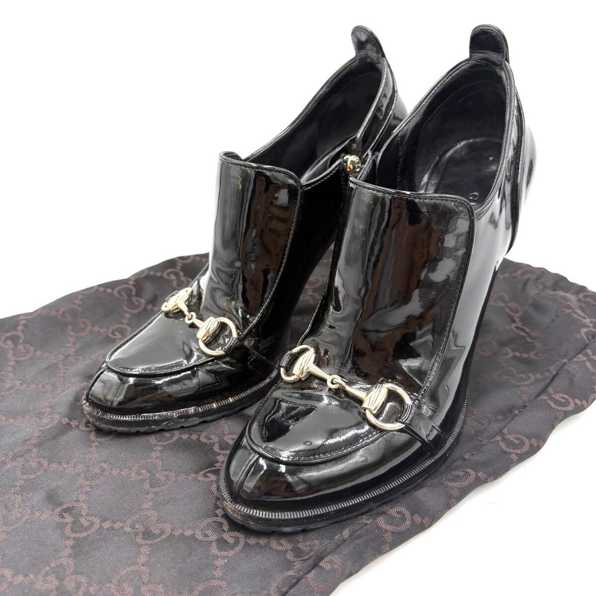 A■ イタリア製 '高級婦人靴' GUCCI グッチ パテント ホースビット装飾 ブーティー ヒール パンプス ショートブーツ 36C 22.5cm程 シューズ