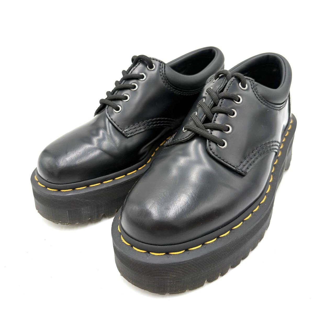 B ■ 極上レザー使用 '人気 イエローステッチ' Dr.Martens ドクターマーチン 8053 QUAD 5ホールシューズ ブーツ UK5 24cm程 ブラック系 