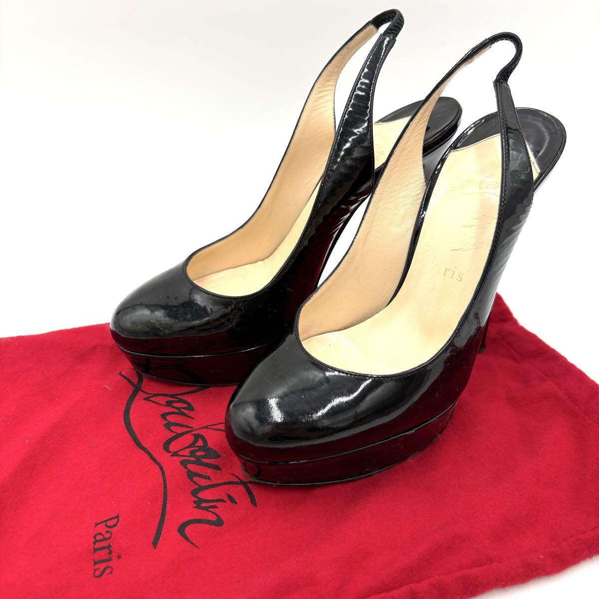 A ■ 保存袋付き 'イタリア製' Christian Louboutin クリスチャンルブタン パテント スリングバッグ ハイヒール パンプス 37 23.5cm 黒系