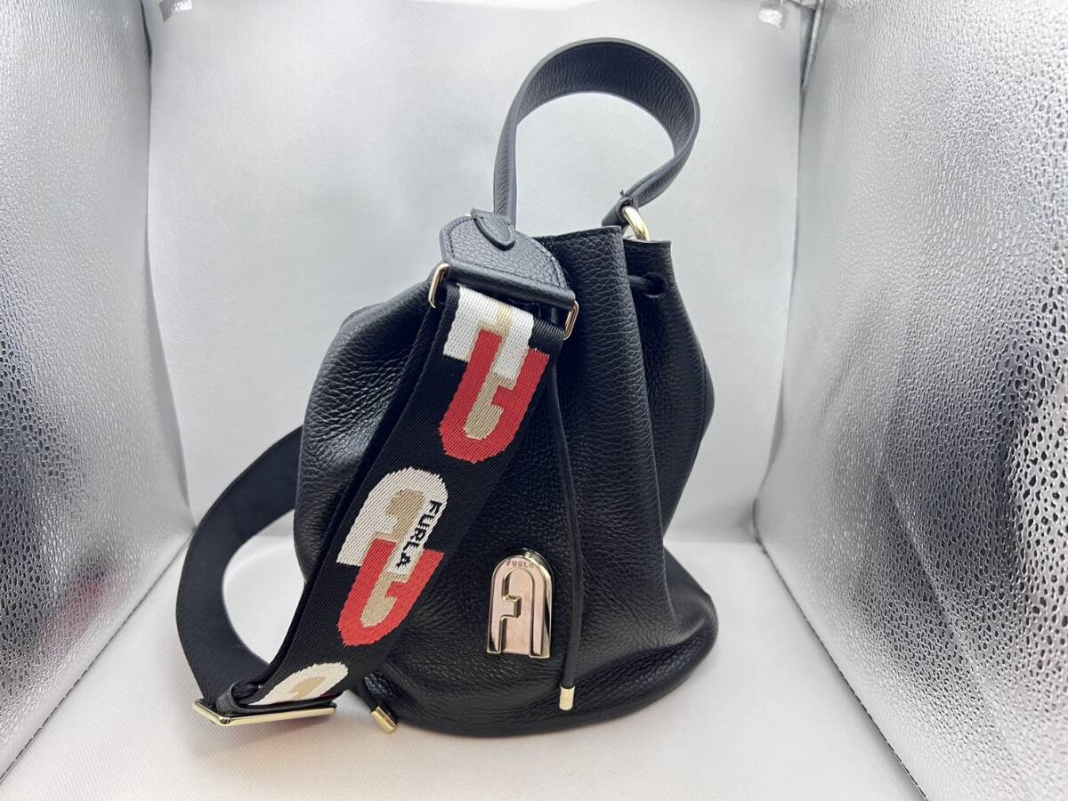 Y2728★ フルラ 2way スリーク ロゴ ショルダー バッグ 黒 巾着 ブラック レザー FURLA レディースバッグ ブランド 