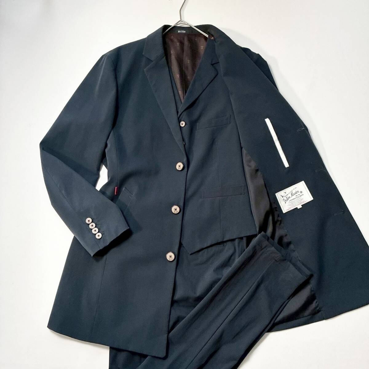 【現行/美品】Dream Master ドリームマスター スーツ 3ピース ロングジャケット ストレッチ セットアップ ネイビー M・L相当 3B フォーマル
