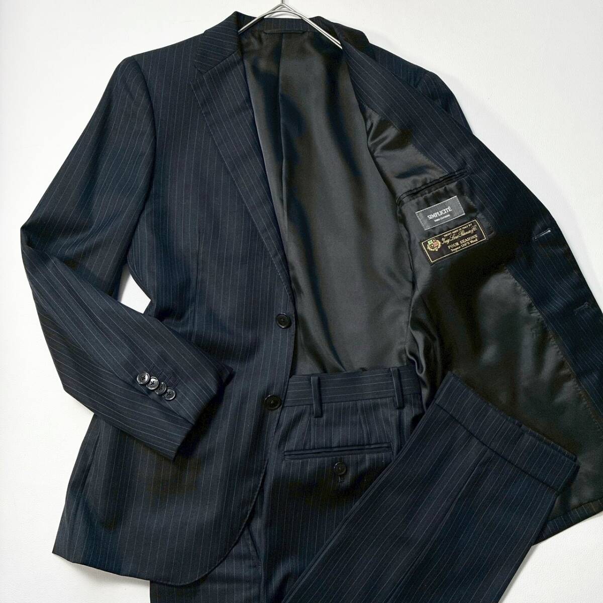 【極美品】SIMPLICITE シンプリシテ Loro Piana ロロピアーナ FOUR SEASONS Super130’s スーツ セットアップ ストライプ M ネイビー