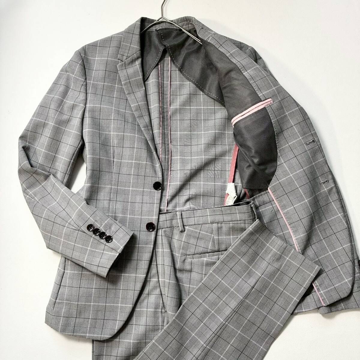 【現行/美品】ZARA MAN ザラマン セットアップ スーツ グレンチェック ストレッチ グレー 46 M 2B ビジネス フォーマル 春夏 メンズ