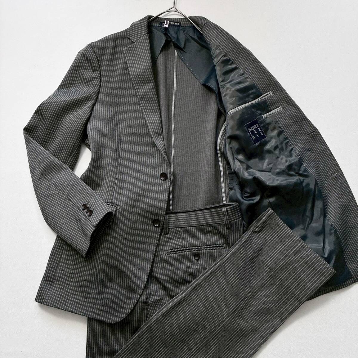 【キマる戦闘服】PERSON'S FOR MEN パーソンズフォーメン メンズスーツ セットアップ A6 L グレー ストライプ 2B ビジネス フォーマル