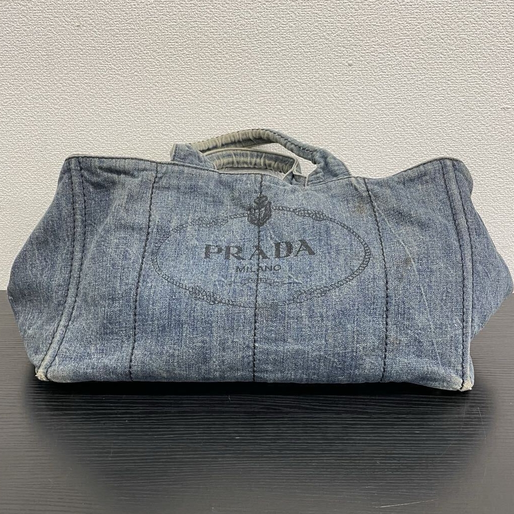 【5T49】1円スタート PRADA / 197 プラダ カナパ Lサイズ トートバッグ ハンドバッグ ブルー デニム 三角ロゴプレート 鞄 