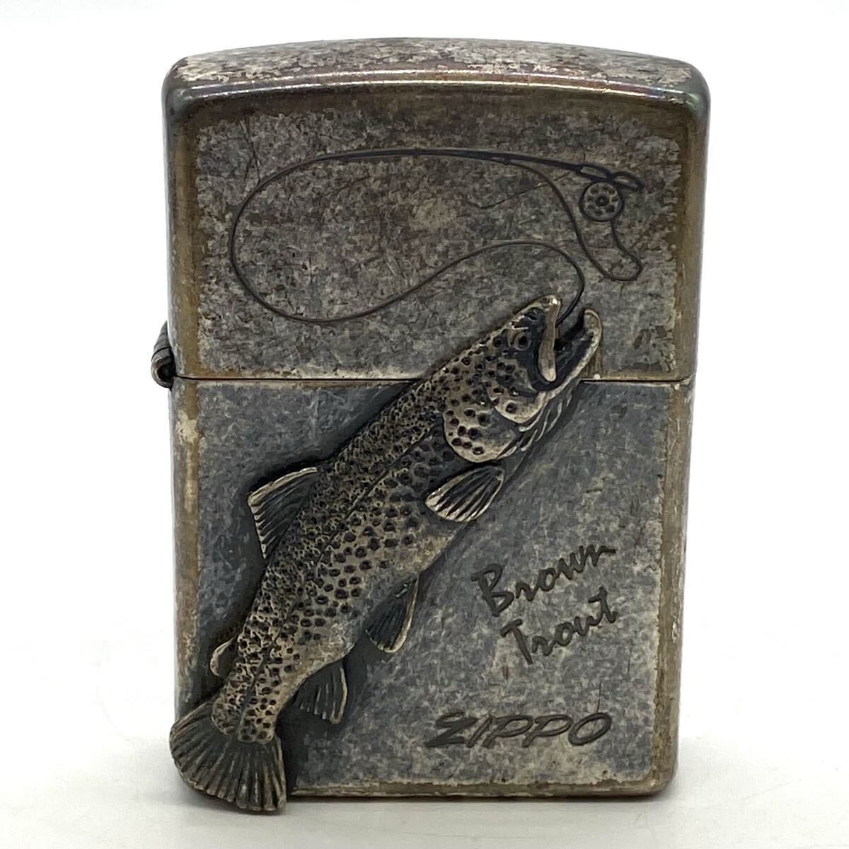 【5Y14】1円スタート Zippo / G Xlll Brown Trout ブラウントラウト メタル貼り ジッポ ジッポー オイルライター シルバーカラー