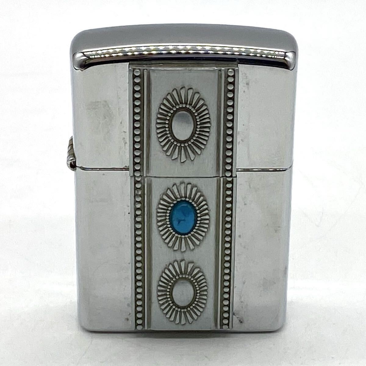 【5U17】1円スタート Zippo / D 04 メタル貼り ターコイズ ジッポ ジッポー オイルライター シルバーカラー 