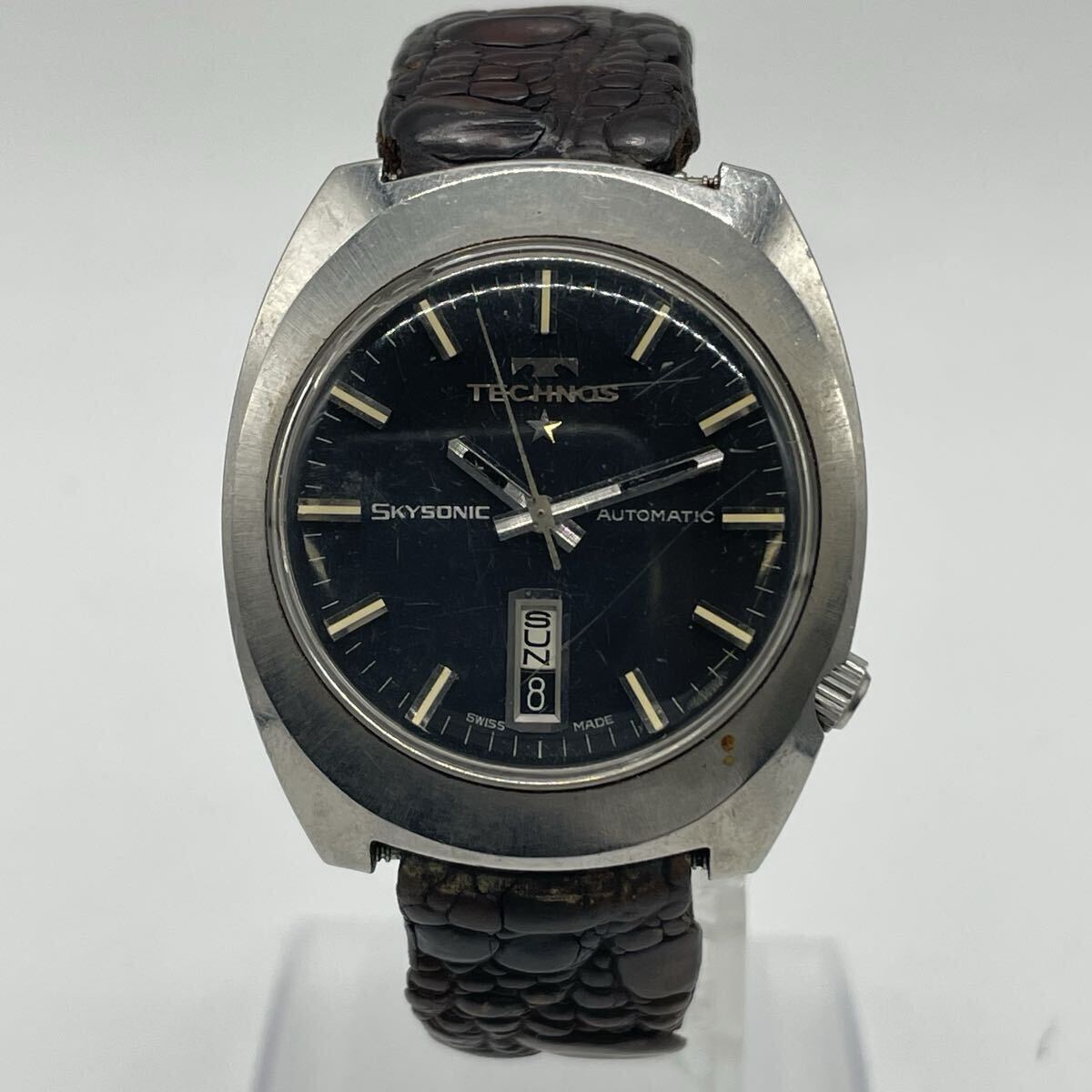 【5山34】1円スタートTECHNOS SKYSONIC AUTOMATIC テクノス スカイソニック オートマチック 自動巻き デイデイト シルバーカラー 腕時計