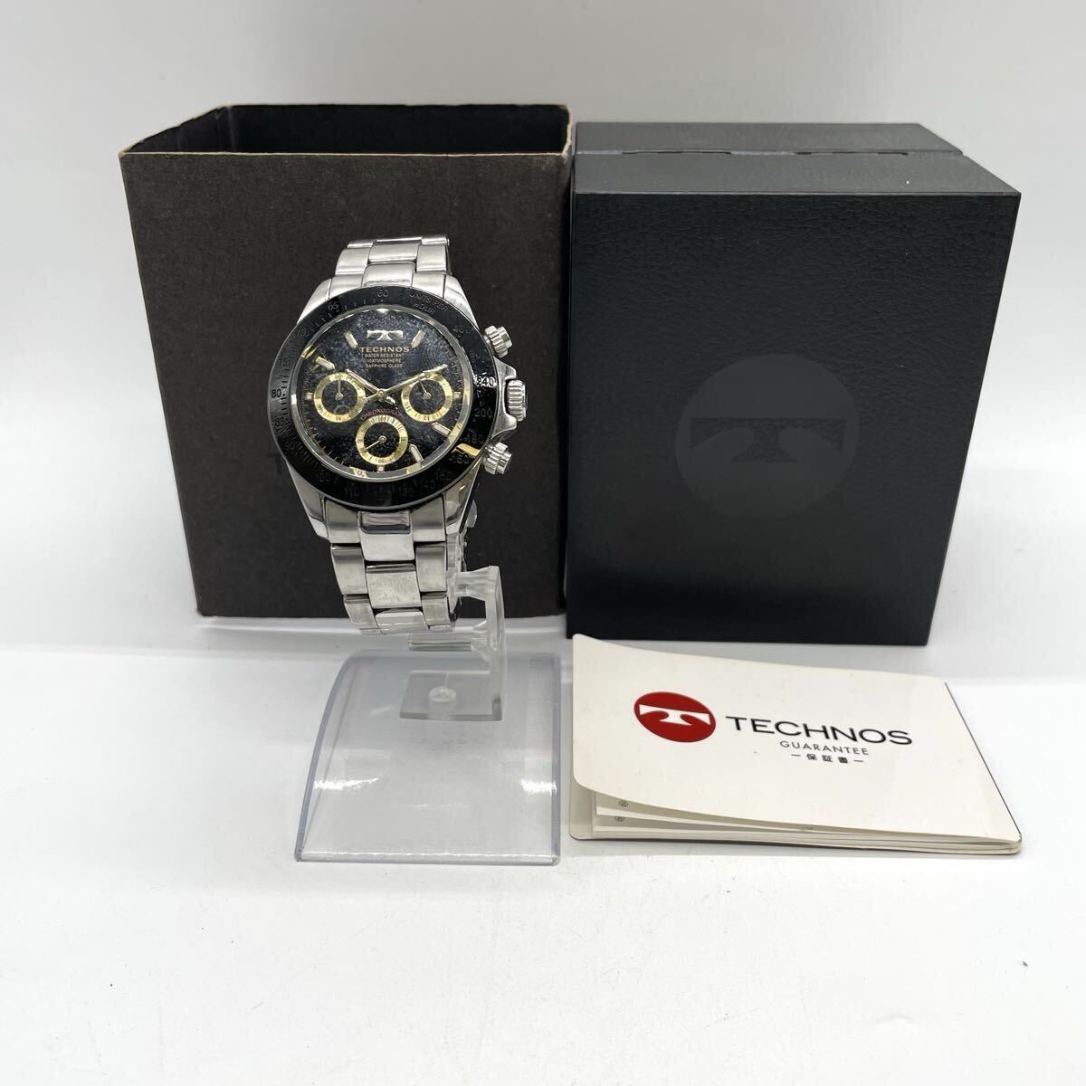 【5W18】1円スタート TECHNOS CHRONOGRAPH / T4272 テクノス クロノグラフ クォーツ 電池式 シルバーカラー ブラック文字盤 腕時計 箱付き
